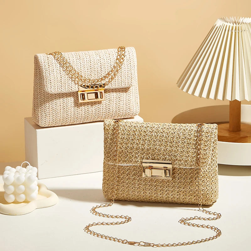 Handcrafted Woven purse with gold chain Strap