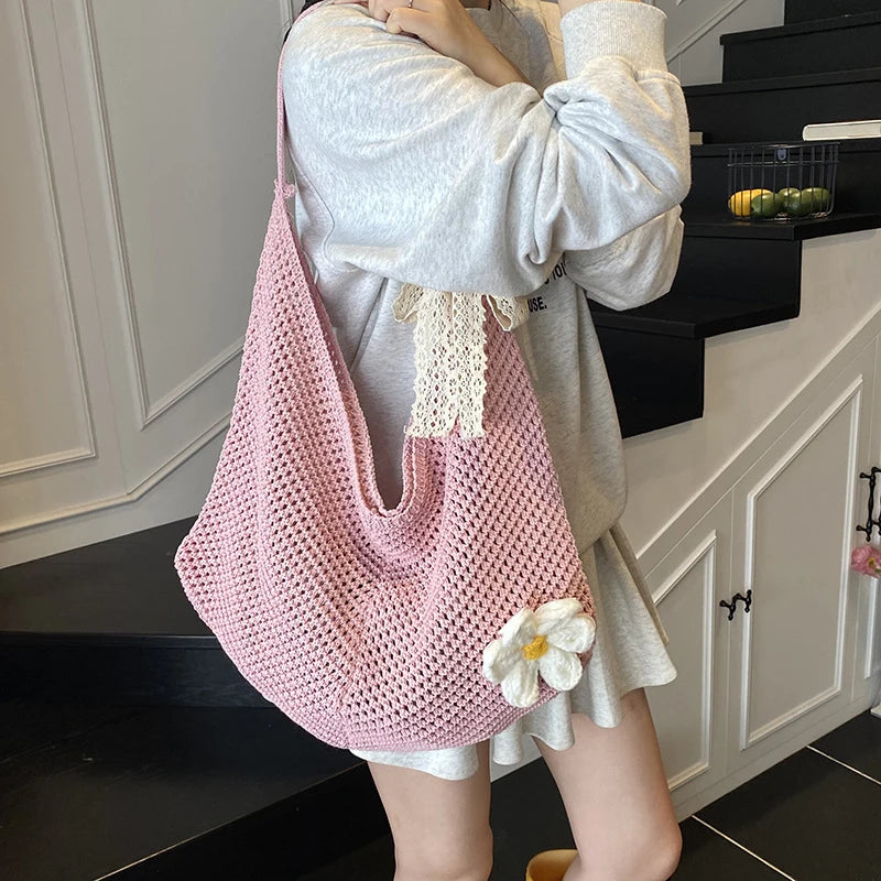 Minimalist Knitted Shoulder Bag - Large Capacity, Neutral Summer Style